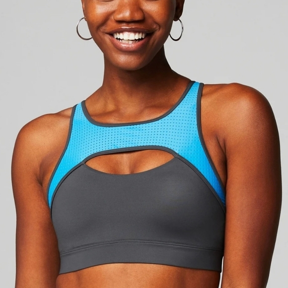 NWT Fabletics Mesh Breathable Medium Impact Sports Bra in onyx/ riptide XS - Picture 2 of 5